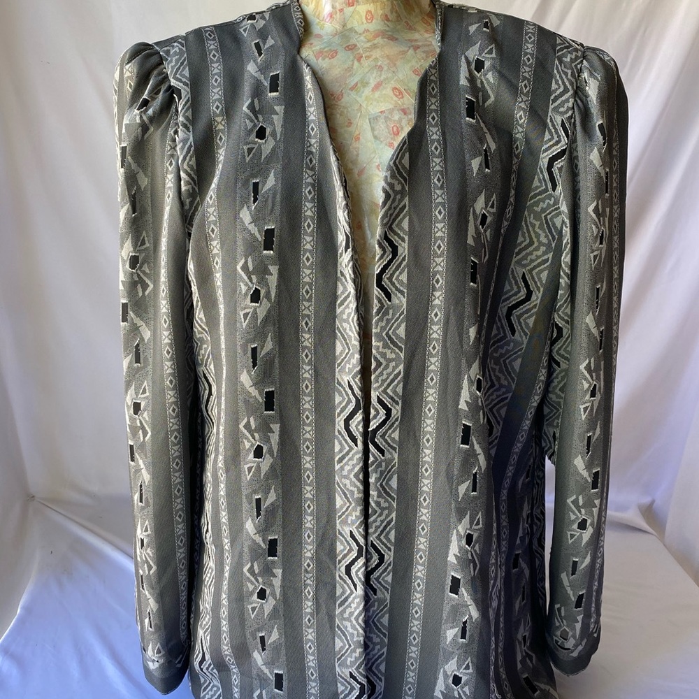Vintage 1970s Jo Hanna York Gray Aztec Blazer